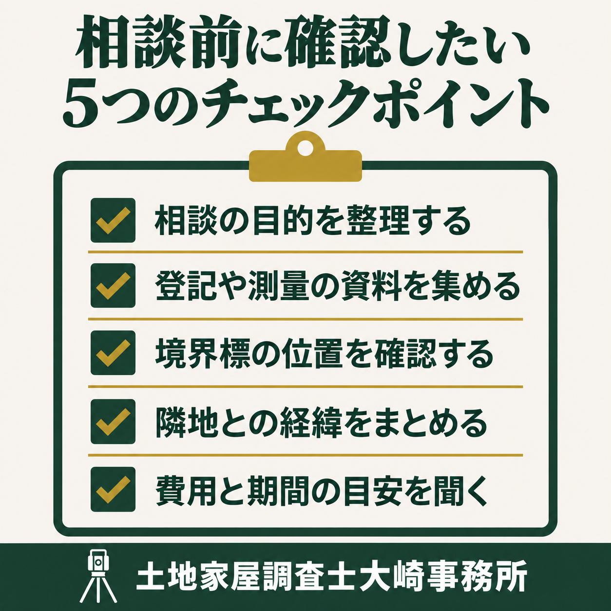 土地家屋調査士のよくある相談内容と解決手順のチェックリストを示す図解