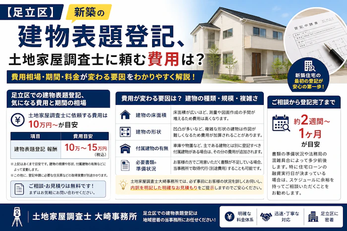 【建物登記】【足立区】新築の建物表題登記、土地家屋調査士に頼む費用は？ - 足立区 土地家屋調査士大崎事務所