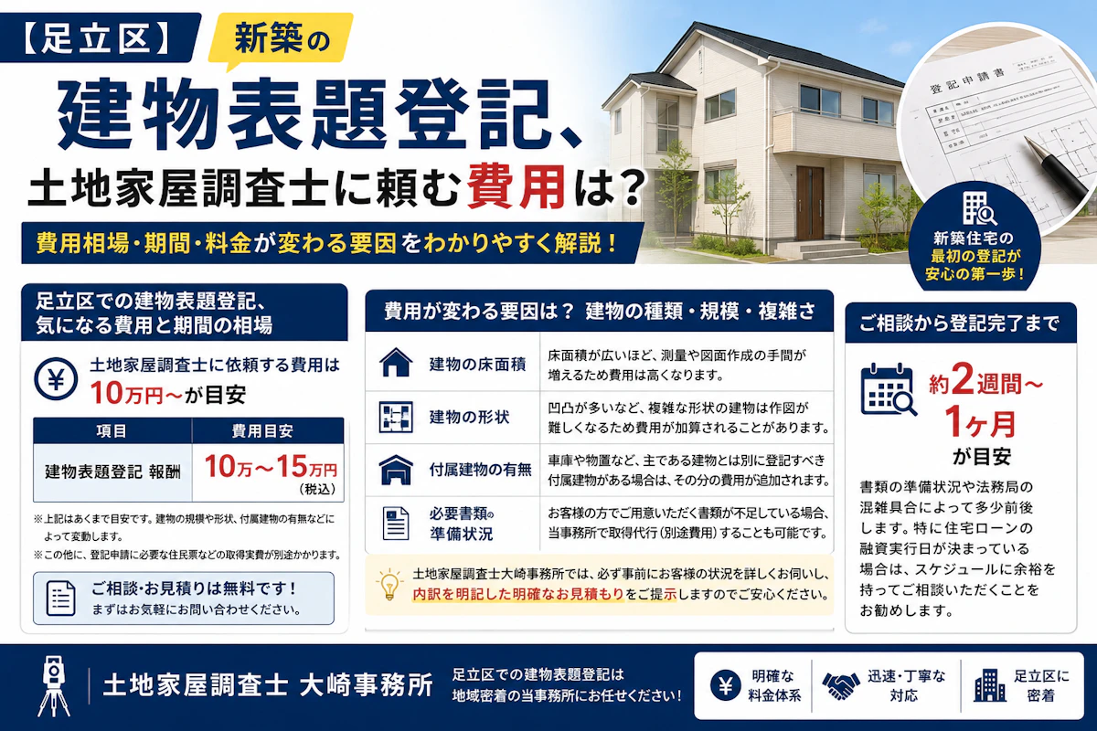 【足立区】新築の建物表題登記、土地家屋調査士に頼む費用は?