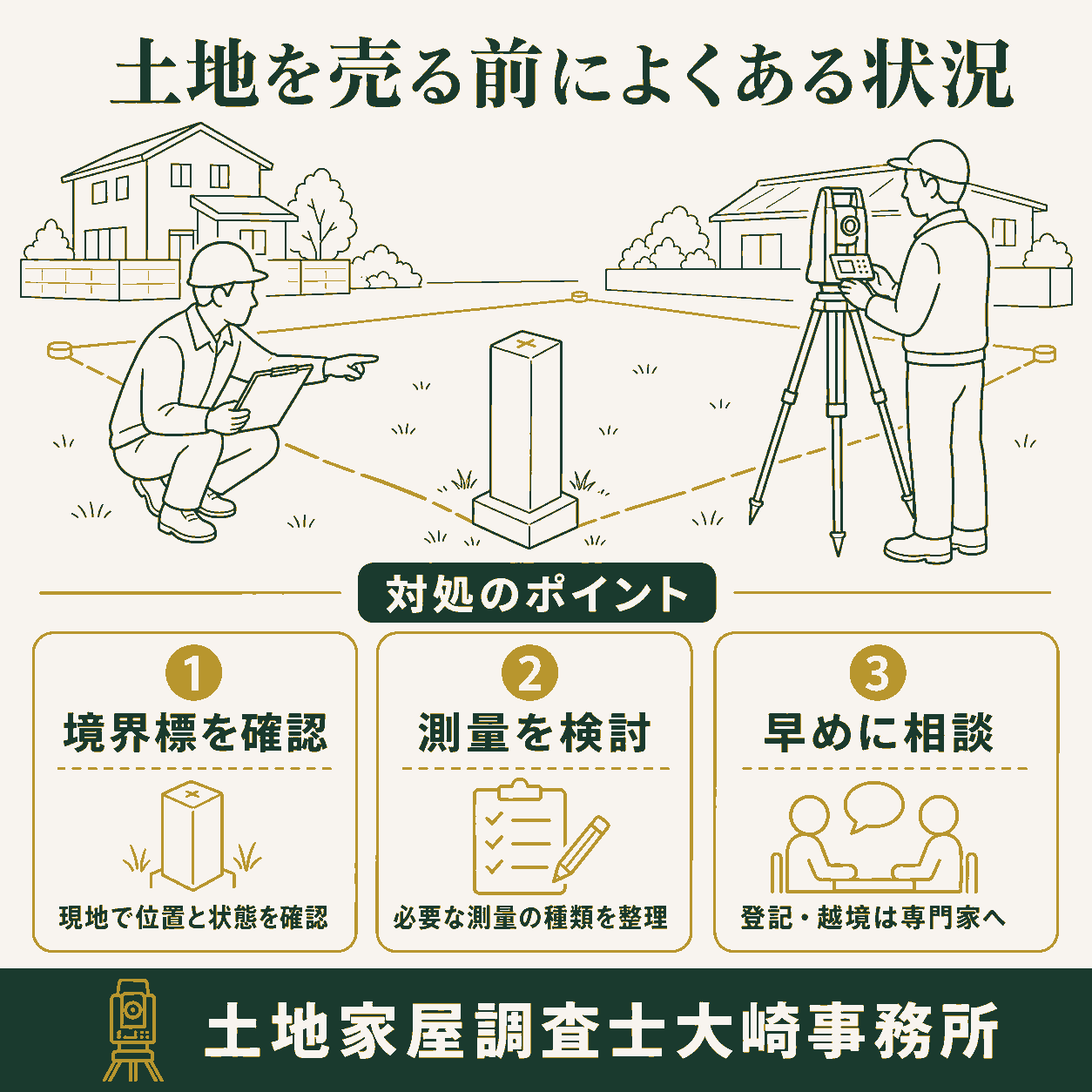 土地を売る前に確認すべきこと|境界・測量・登記・越境リスクを解説のよくある状況と対処を示す図解