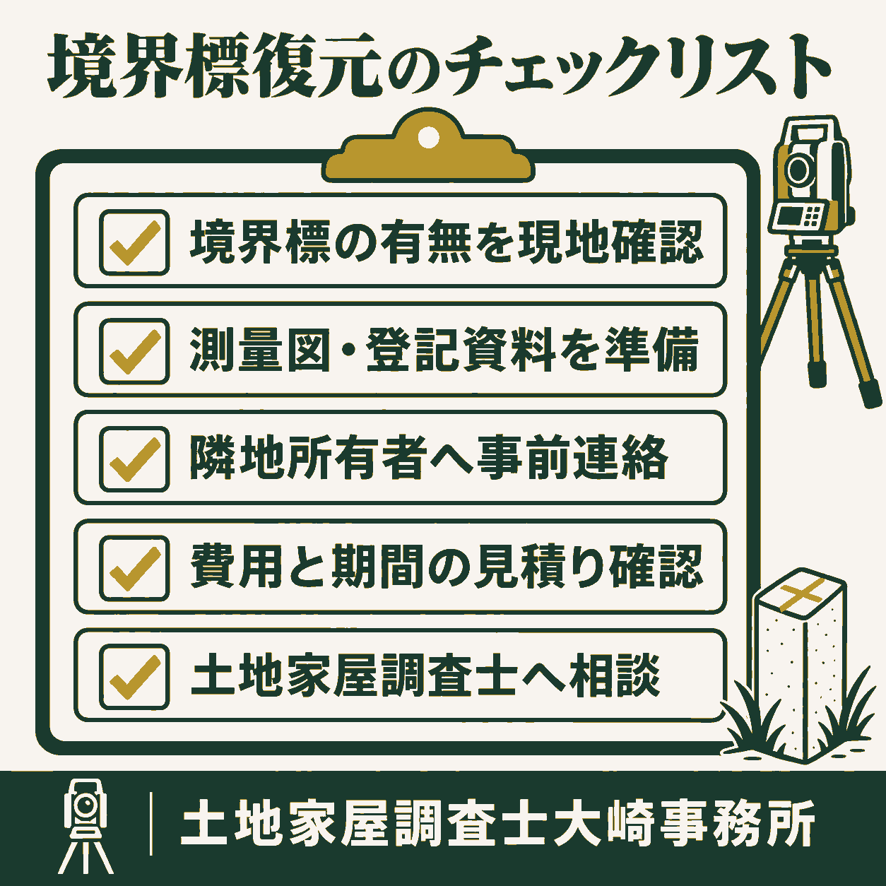 境界標がない?復元・新設の費用と手順・隣地立会いを解説 | 土地家屋調査士大崎事務所のチェックリストを示す図解