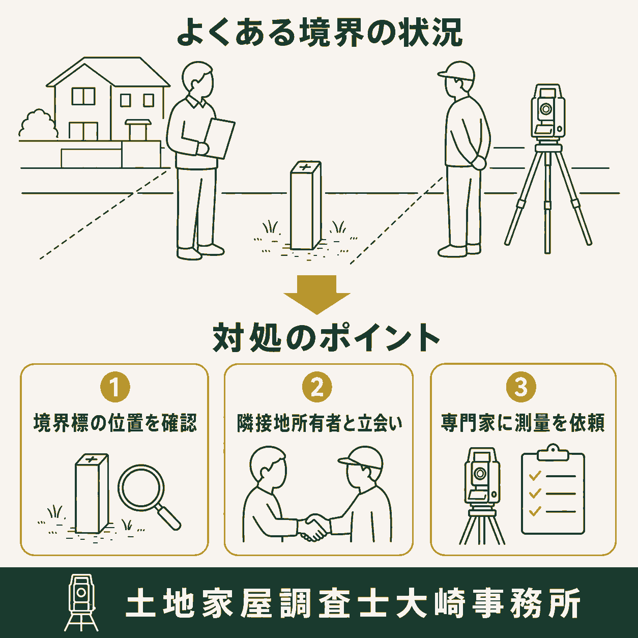 土地の健康診断｜境界確定でトラブルを未然に防ぐ方法のよくある状況と対処を示す図解