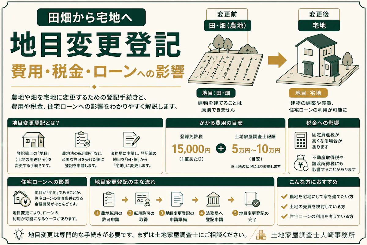 田畑から宅地へ地目変更登記｜費用・税金・ローンへの影響