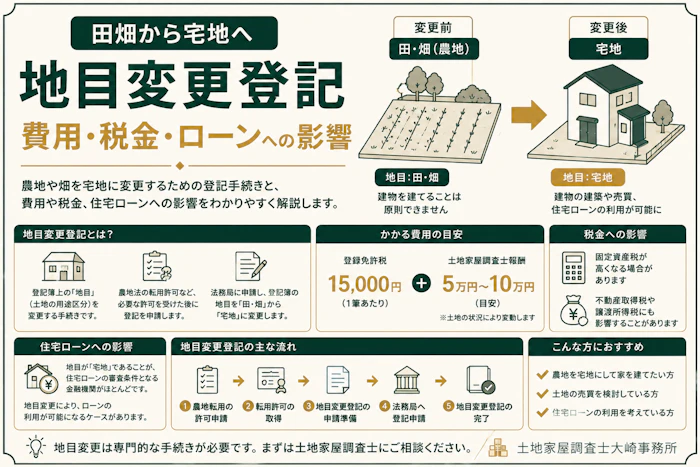 【基礎知識】田畑から宅地へ地目変更登記｜費用・税金・ローンへの影響 - 足立区 土地家屋調査士大崎事務所
