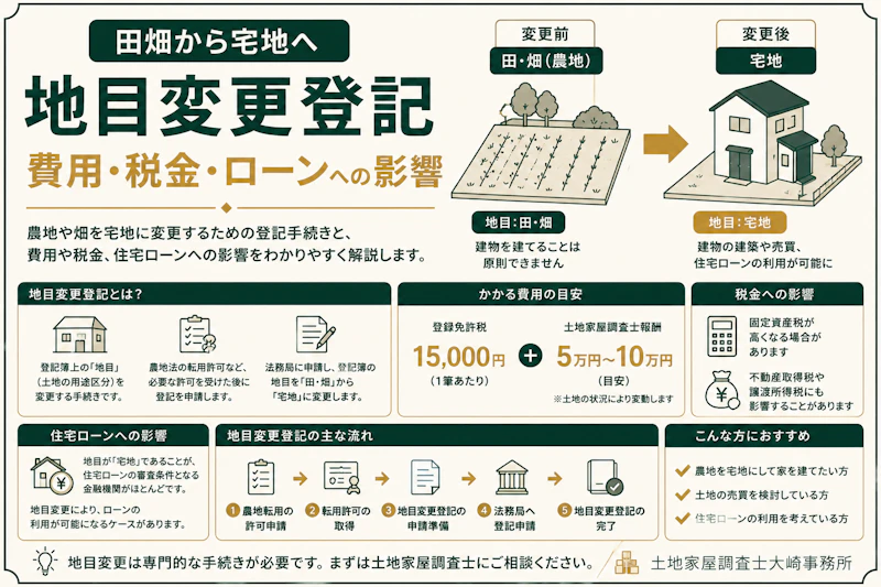 【基礎知識】田畑から宅地へ地目変更登記｜費用・税金・ローンへの影響 - 足立区 土地家屋調査士大崎事務所