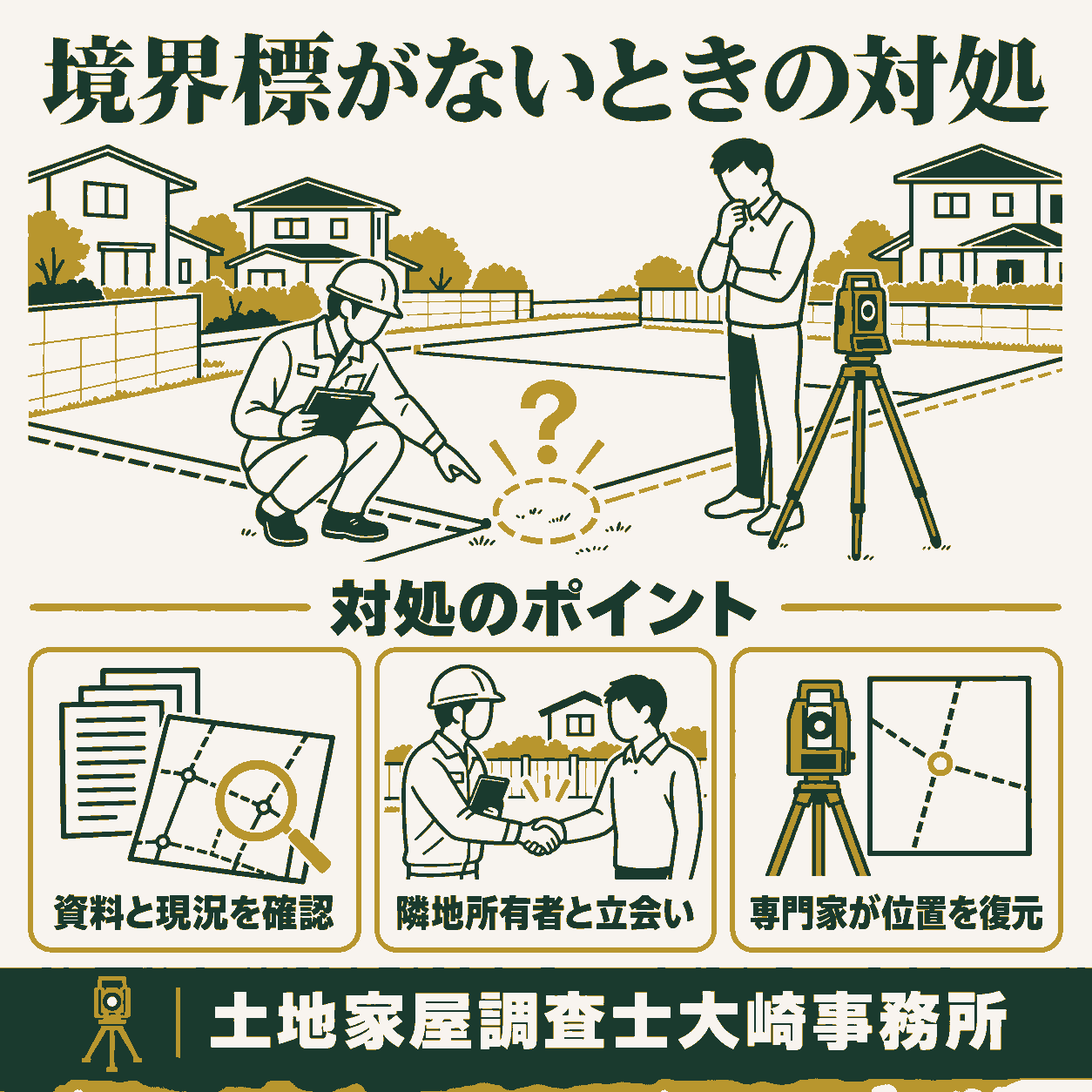 境界標がない?復元・新設の費用と手順・隣地立会いを解説 | 土地家屋調査士大崎事務所のよくある状況と対処を示す図解