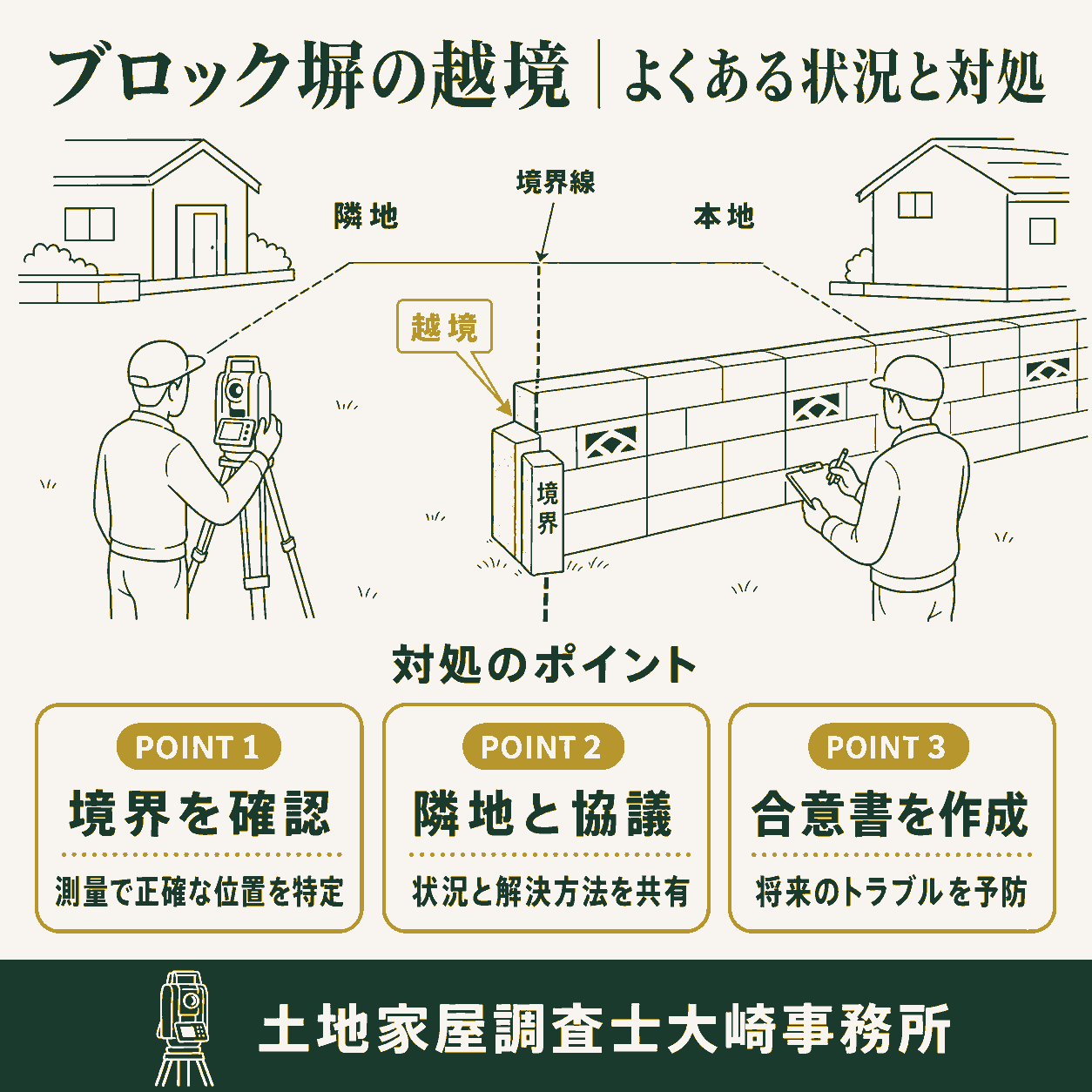 ブロック塀の越境は売却前に解決!原因と解決策を専門家が解説のよくある状況と対処を示す図解