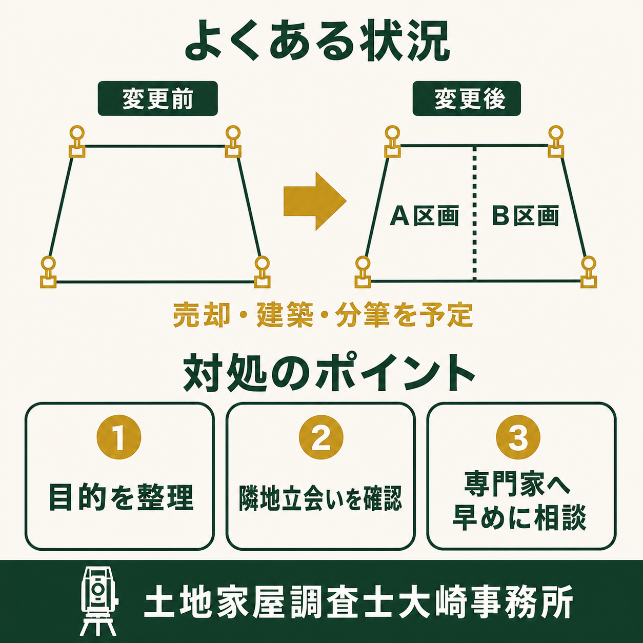 確定測量と現況測量の違い|売却・建築・分筆で必要な測量を解説のよくある状況と対処を示す図解