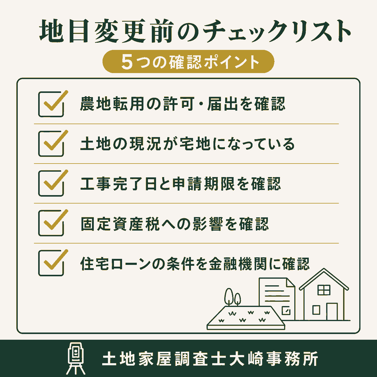 田畑から宅地へ地目変更登記｜費用・税金・ローンへの影響のチェックリストを示す図解