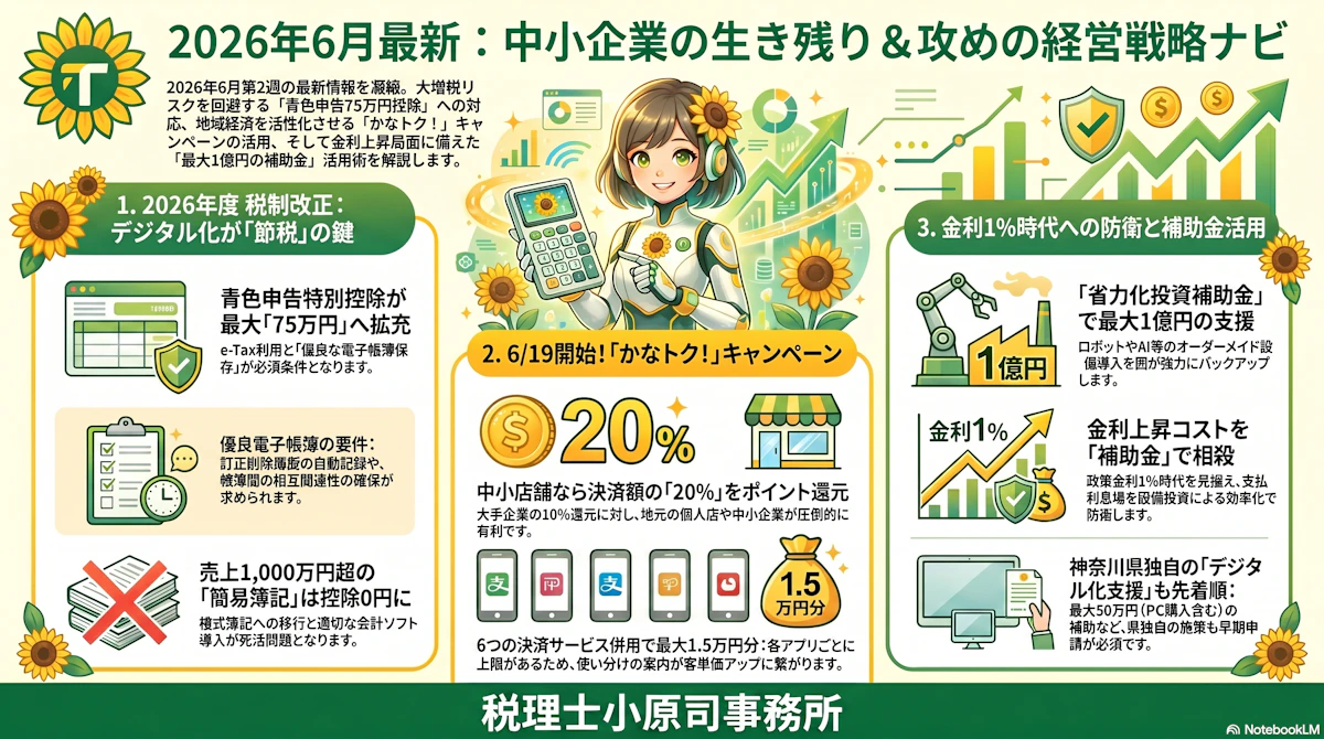 【2026年6月13日最新】青色申告改正・「かなトク！」開始・利上げと補助金を乗り切る実務対策