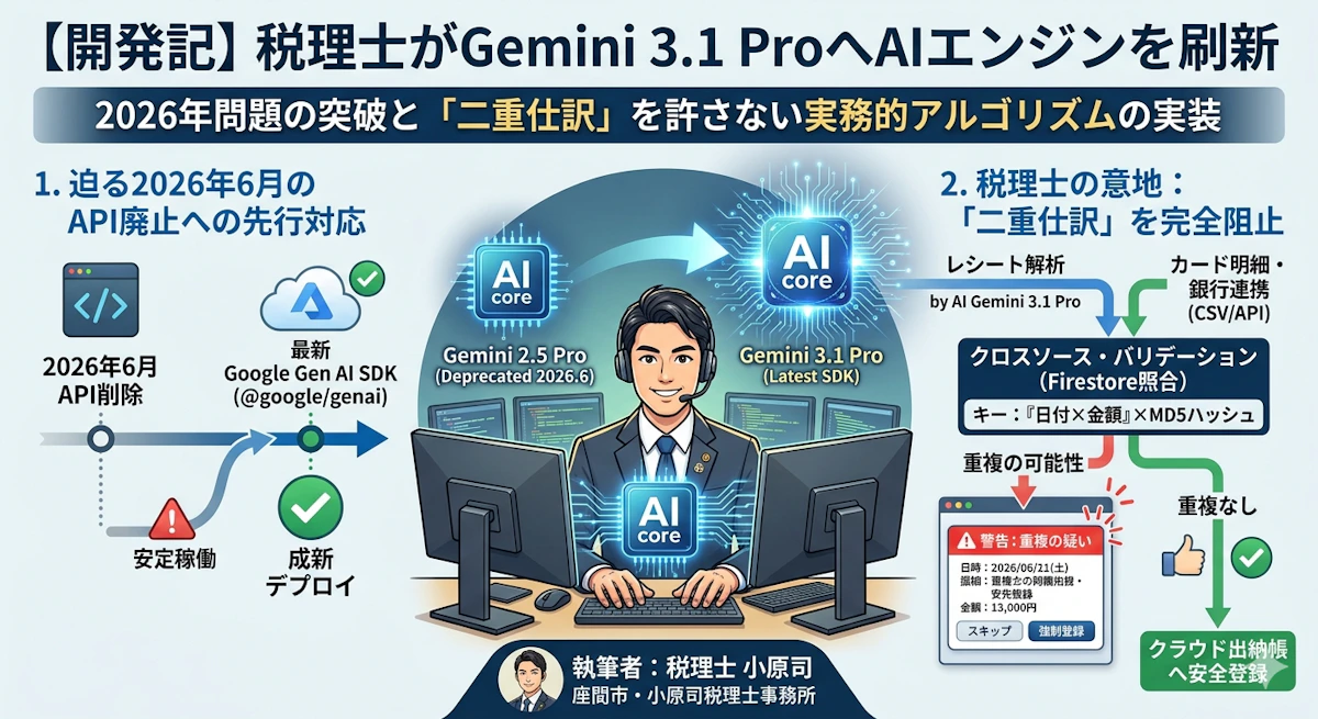 【開発記】税理士がGemini 3.1 ProへAIエンジンを刷新。2026年問題の突破と「二重仕訳」を許さない実務的アルゴリズムの実装