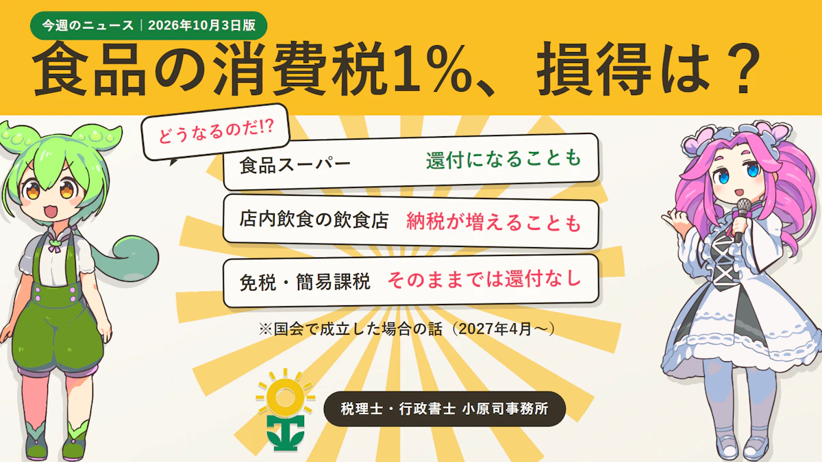 【2026年10月3日版】食料品の消費税1％で事業者はどうなる？社宅の㎡改定・年末調整・社会保険の賃金要件撤廃ほか今週のニュース