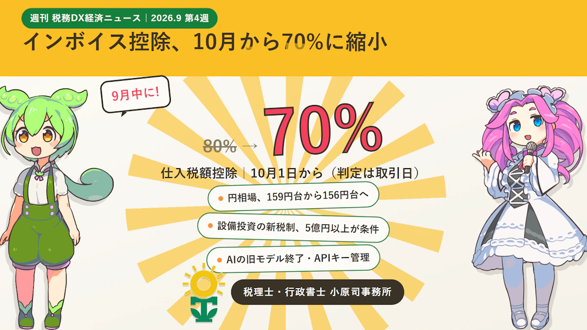 【2026年9月26日版】インボイス控除70%縮小や円相場の急変、設備投資税制、AI旧モデルの提供終了に中小企業はどう備えるべきか？