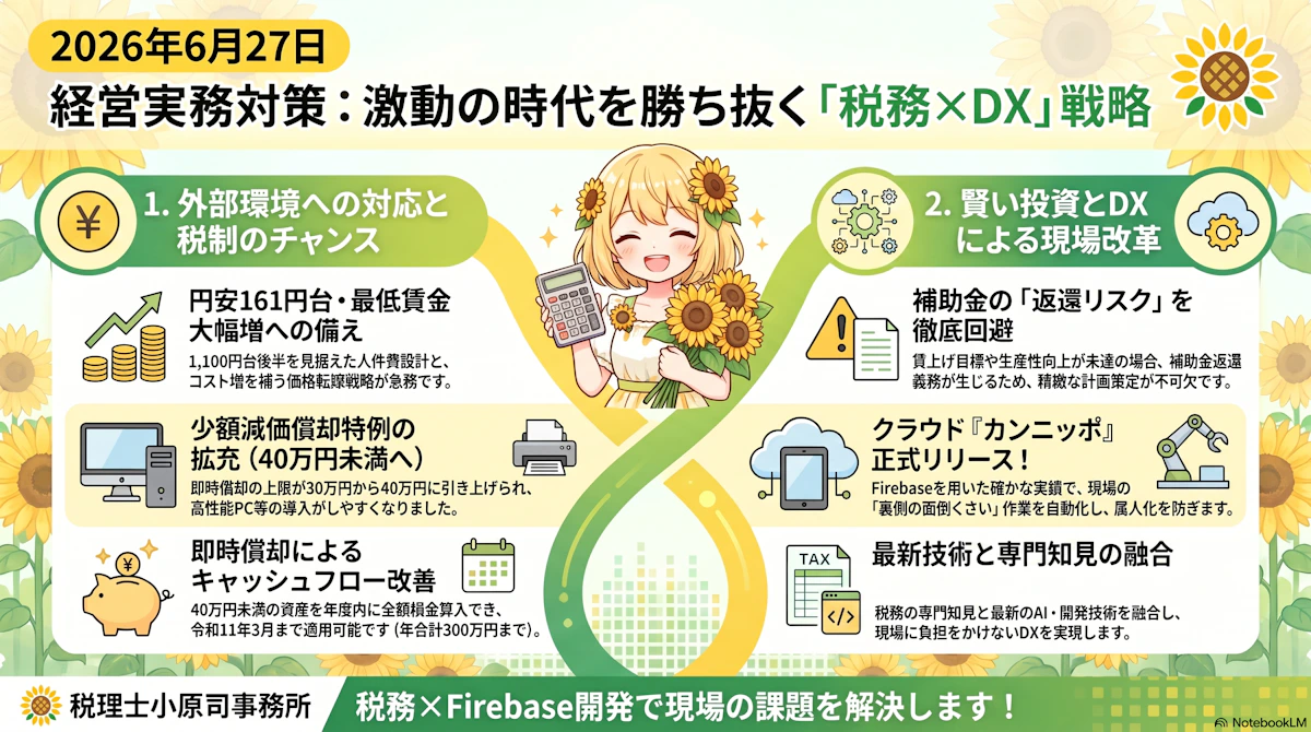 【2026年6月27日 経営実務対策】少額特例40万円拡充と、現場を救う自社開発クラウド『カンニッポ』始動