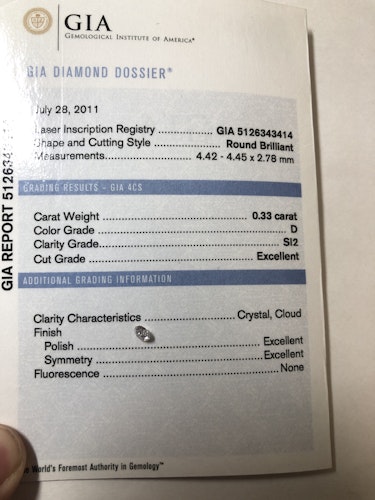 ダイヤモンドルース  0.33ct D SI-2 Excellent