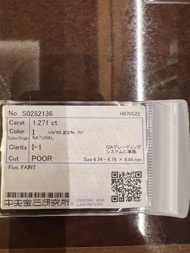 ダイヤモンドルース  1.271ct I I-1 Poor