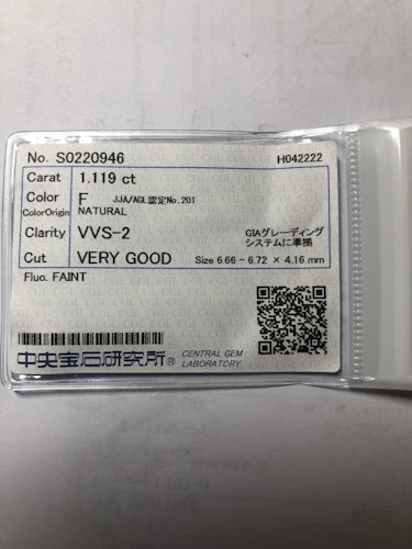 ダイヤモンドルース  1.119ct F VVS-2 Very Good