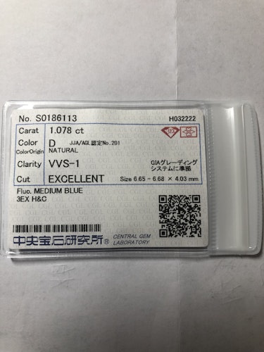 ダイヤモンドルース MEDIUM BLUE 1.078ct D VVS-1 3EX