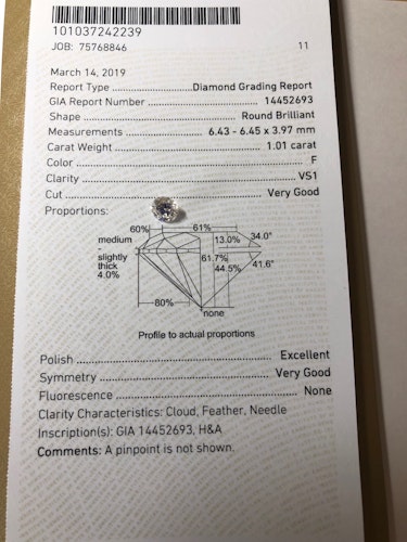 ダイヤモンドルース  1.01ct F VS-1 Very Good