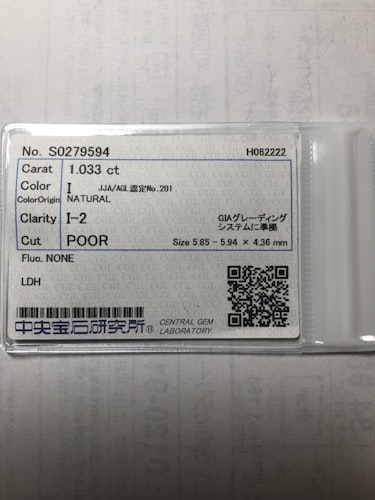 ダイヤモンドルース  1.033ct I I-2 Poor