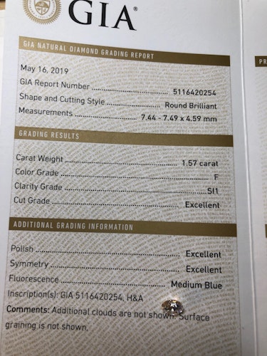 ダイヤモンドルース 1.57ct F SI-1 Excellent