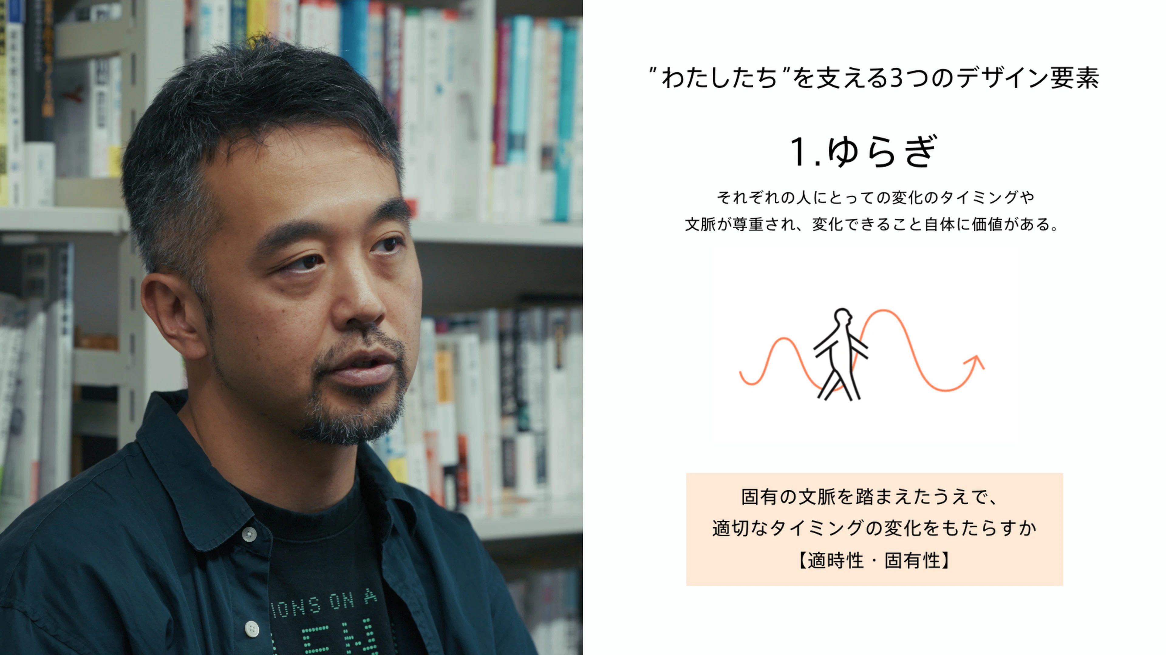 わたしたちを支える3つのデザイン要素の一つ「ゆらぎ」は、人が固定化された存在ではなく、常に変化し、その道筋すらも揺らいでいく存在であることを認める視点 のことだと説明するドミニク・チェンさん