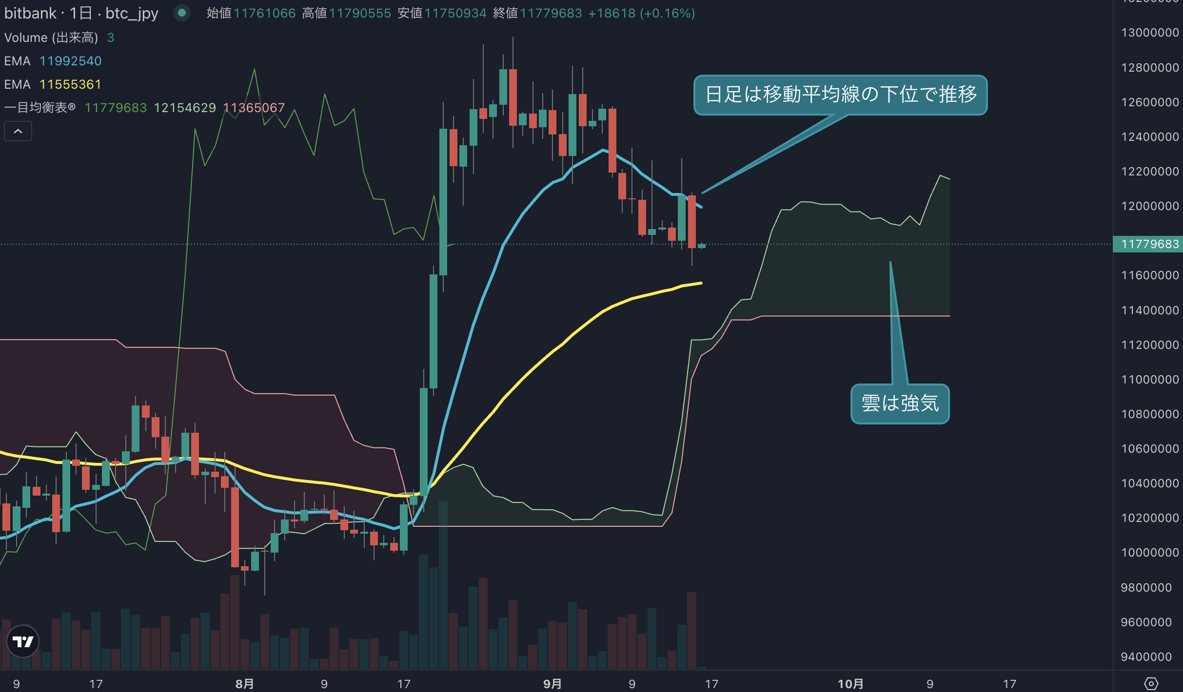BTC日足分析｜2.5%下落で1176万円、短期弱気が継続