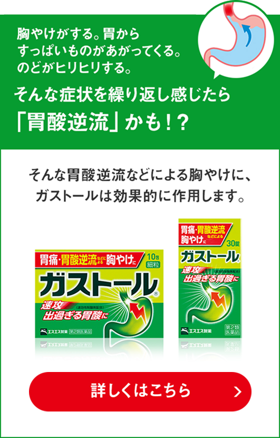 胸やけがする。胃からすっぱいものがあがってくる。のどがヒリヒリする。そんな症状を繰り返し感じたら「胃酸逆流」かも！？そんな胃酸逆流などによる胸やけに、ガストールは効果的に作用します。