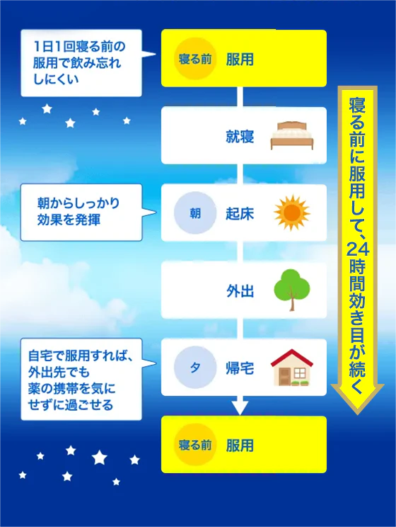 寝る前に服用して、24時間効き目が続く