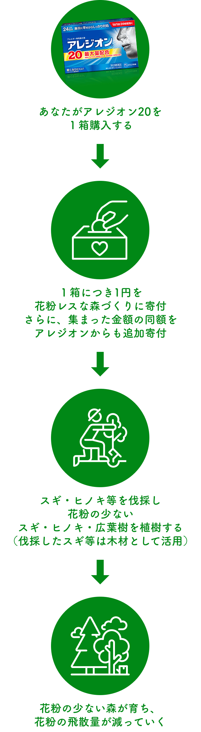あなたがアレジオン20を1箱購入する。1箱につき1円を花粉レスな森づくりに寄付。さらに、集まった金額の同額をアレジオンからも追加寄付。スギ・ヒノキ等を伐採し花粉の少ないスギ・ヒノキ・広葉樹を植樹する。(伐採したスギ等は再木材として活用)。花粉の少ない森が育ち、花粉の飛散量が減っていく。