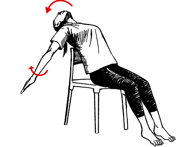 両腕を開いて頭をさらに後ろに倒す。その際、手のひらを外側に向けると開きやすくなる