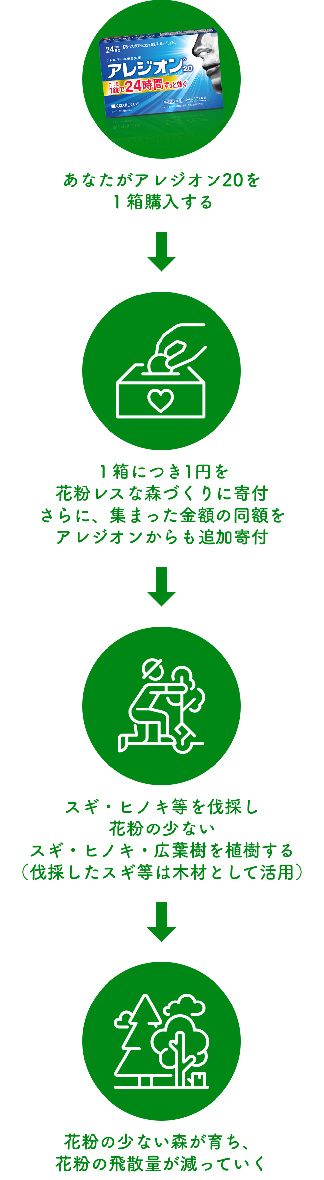 あなたがアレジオン20を１箱購入する。１箱につき1円を花粉レスな森づくりに寄付。さらに、集まった金額の同額をアレジオンからも追加寄付。スギ・ヒノキ等を伐採し花粉の少ないスギ・ヒノキ・広葉樹を植樹する。（伐採したスギ等は再木材として活用）。花粉の少ない森が育ち、花粉の飛散量が減っていく。