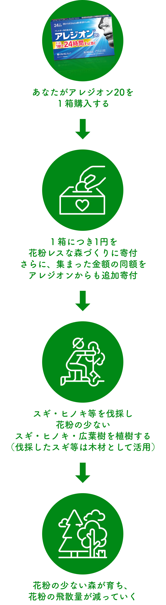 あなたがアレジオン20を１箱購入する。１箱につき1円を花粉レスな森づくりに寄付。さらに、集まった金額の同額をアレジオンからも追加寄付。スギ・ヒノキ等を伐採し花粉の少ないスギ・ヒノキ・広葉樹を植樹する。（伐採したスギ等は再木材として活用）。花粉の少ない森が育ち、花粉の飛散量が減っていく。