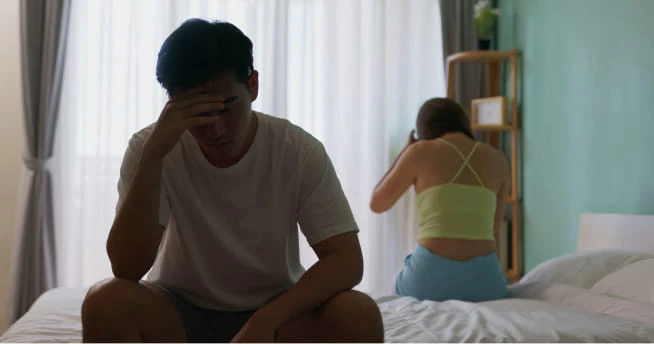 ベッドに座って悩みを抱えている男性のイメージ