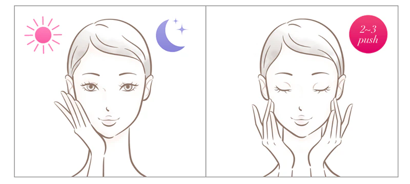 ①朝・夜、洗顔後の清潔な肌にお使いください。 ②手のひらに2~3プッシュ分を取り、顔全体によくなじませてください。