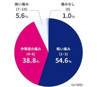 痛みなし（０）1.0％、軽い痛み（1〜3）54.6%、中程度の痛み（4〜6）38.8%、強い痛み（7〜10）5.6%