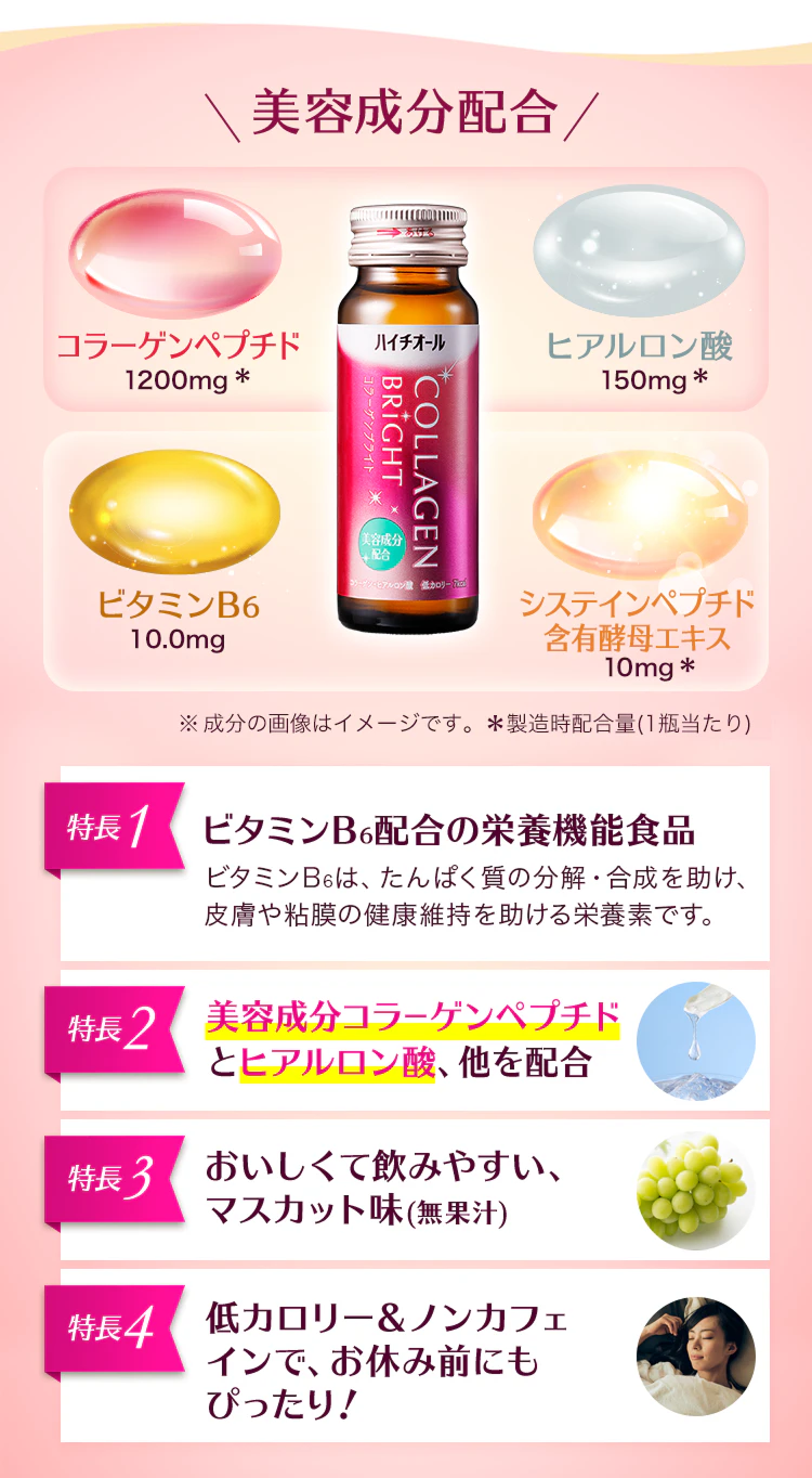 美容成分配合 4つの特長 ビタミンB6配合の栄養機能食品 美容成分コラーゲンペプチドとヒアルロン酸、他を配合 おいしくて飲みやすい、マスカット味(無果汁) 低カロリー＆ノンカフェインで、お休み前にもぴったり！