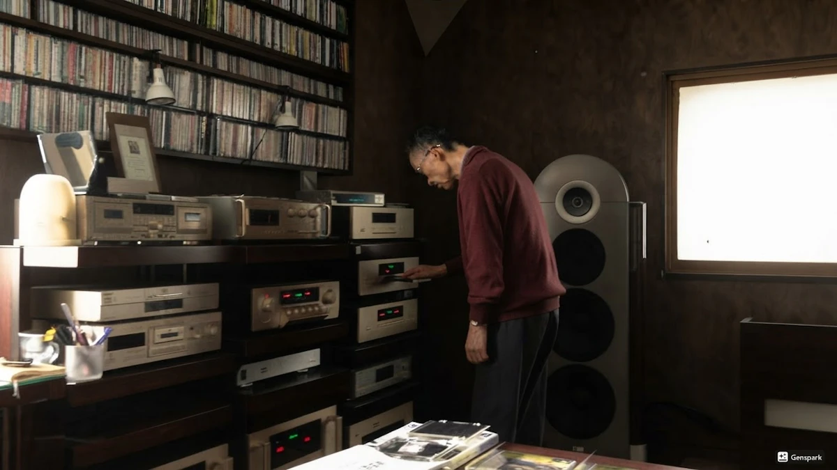 CDが並ぶ棚と大型スピーカーのある部屋で、オーディオ機器を操作する父。