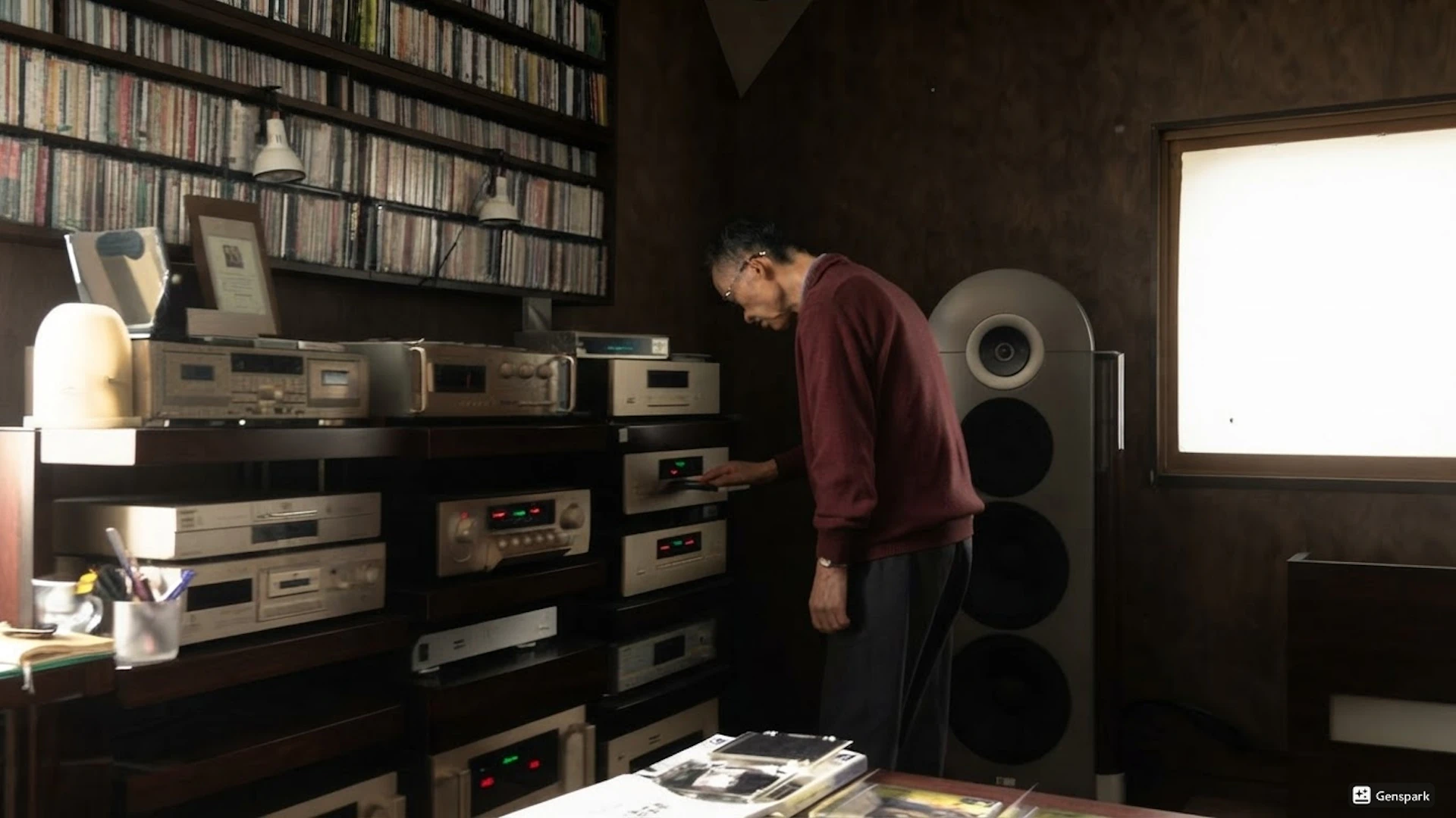 CDが並ぶ棚と大型スピーカーのある部屋で、オーディオ機器を操作する父。