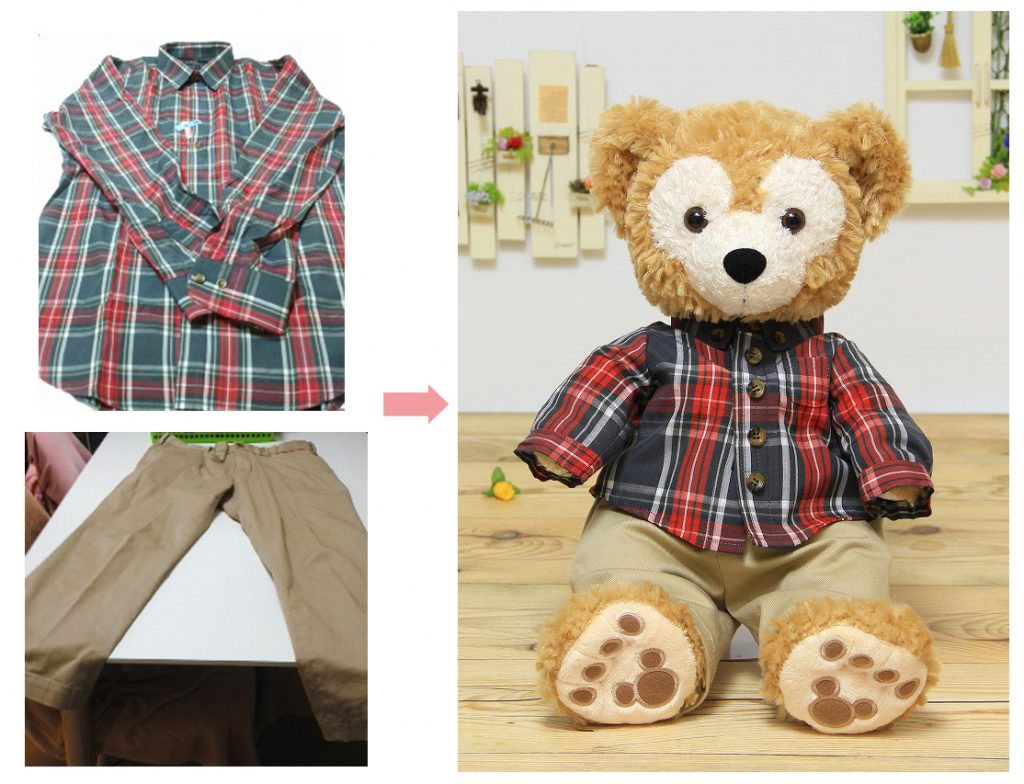 スモールハピネスの、大切な方のお洋服から仕立てたぬいぐるみ用の洋服の作品例