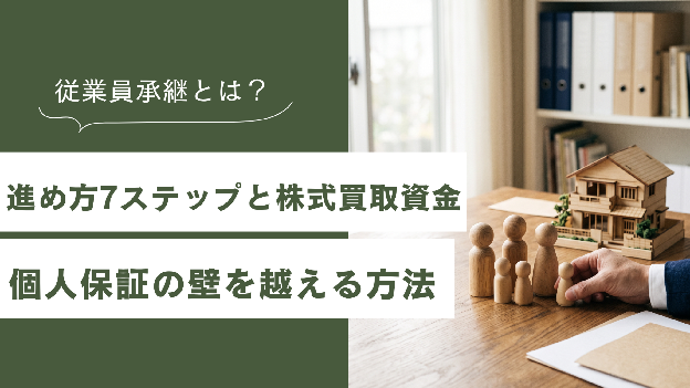 木製の家と人の模型を前に従業員承継を検討する様子