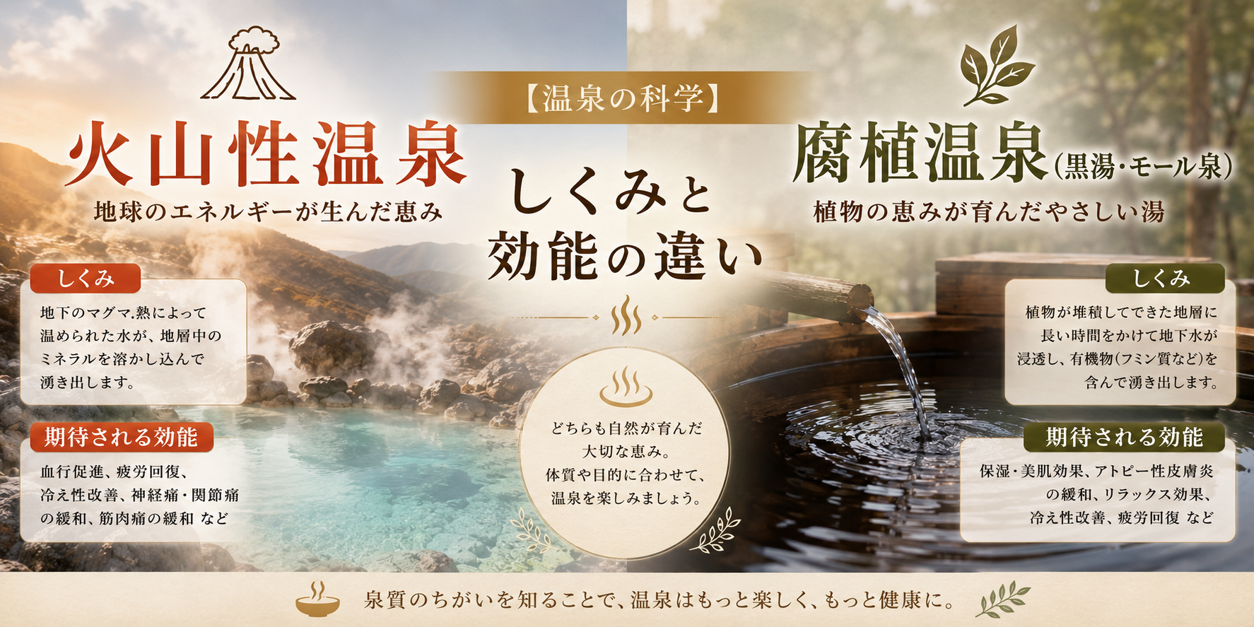 【温泉の科学】火山性温泉 vs 腐植温泉（黒湯）しくみと効能の違い