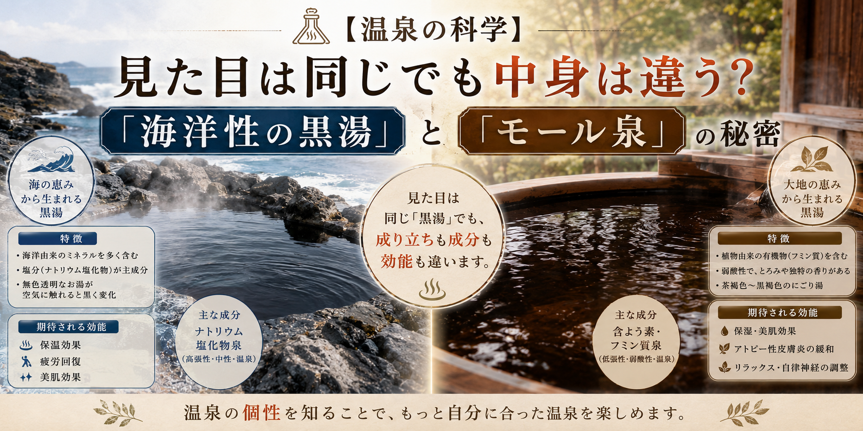 【温泉の科学】見た目は同じでも中身は違う？「海洋性の黒湯」と「モール泉」の秘密