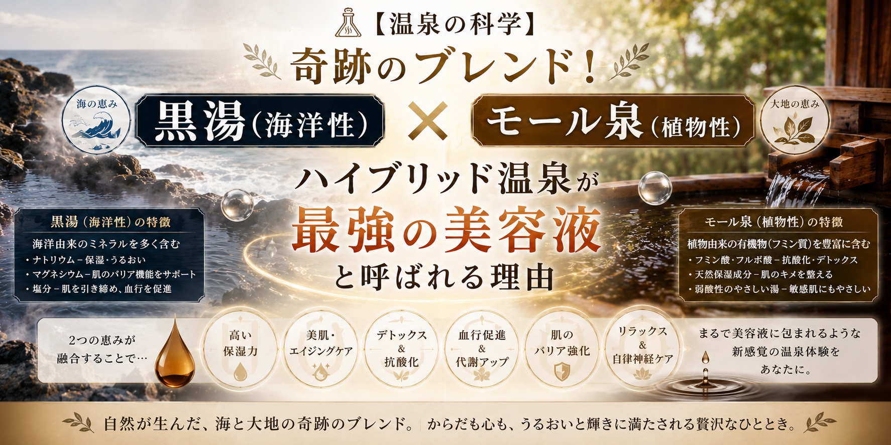 【温泉の科学】奇跡のブレンド！「黒湯（海洋性）」×「モール泉（植物性）」ハイブリッド温泉が最強の美容液と呼ばれる理由