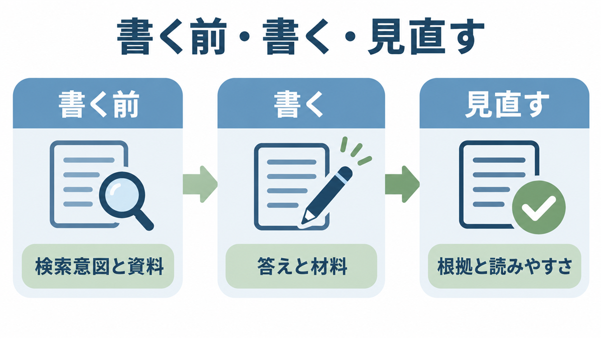 書く前・書く・見直すの3段階を左から右へ並べた図。書く前は検索意図と資料、書くときは答えと材料、見直しでは根拠と読みやすさを確かめる
