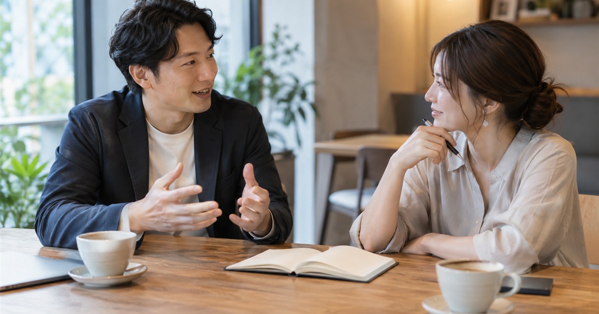 カフェのテーブルでノートを広げて相談する担当者と編集者