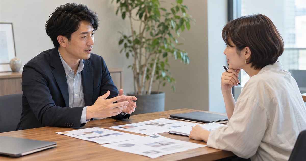 打ち合わせテーブルで資料を広げて話す社内の担当者と外部の編集者