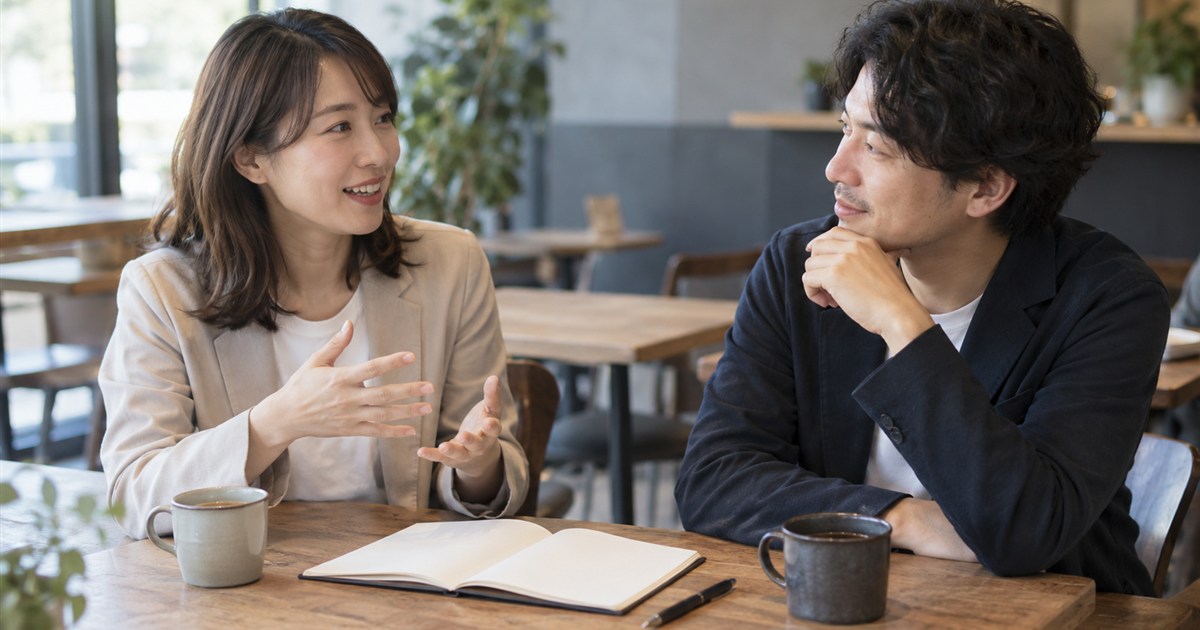 カフェのようなテーブルでノートを広げて相談する担当者と編集者