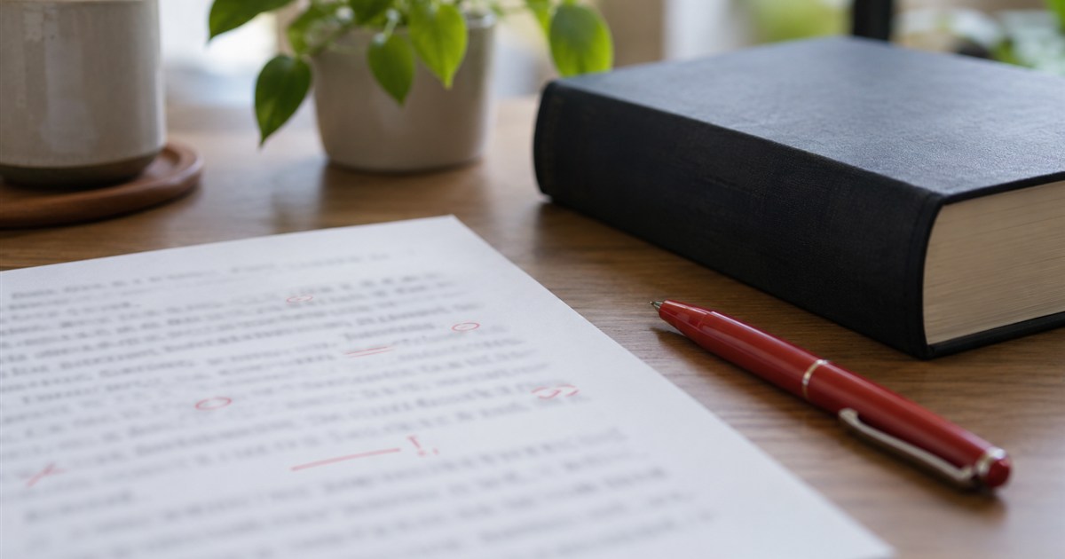 赤ペンで表記を直した原稿と辞書が置かれた作業机