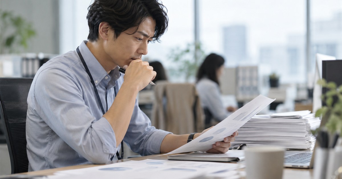 オフィスで印刷した資料を手に考え込む担当者